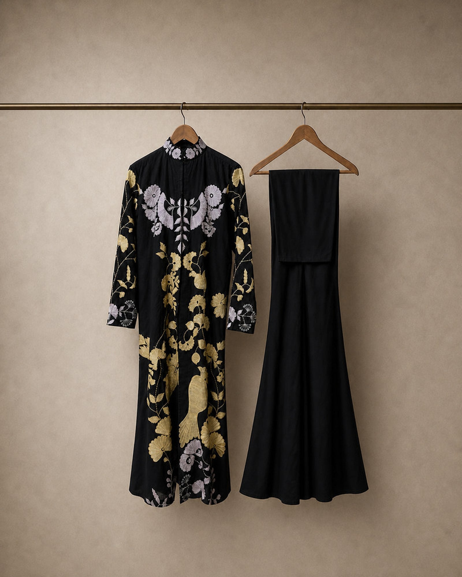 Hanami: Midnight Botanical Embroidered Cotton Kurta Set – refined hanger packshot