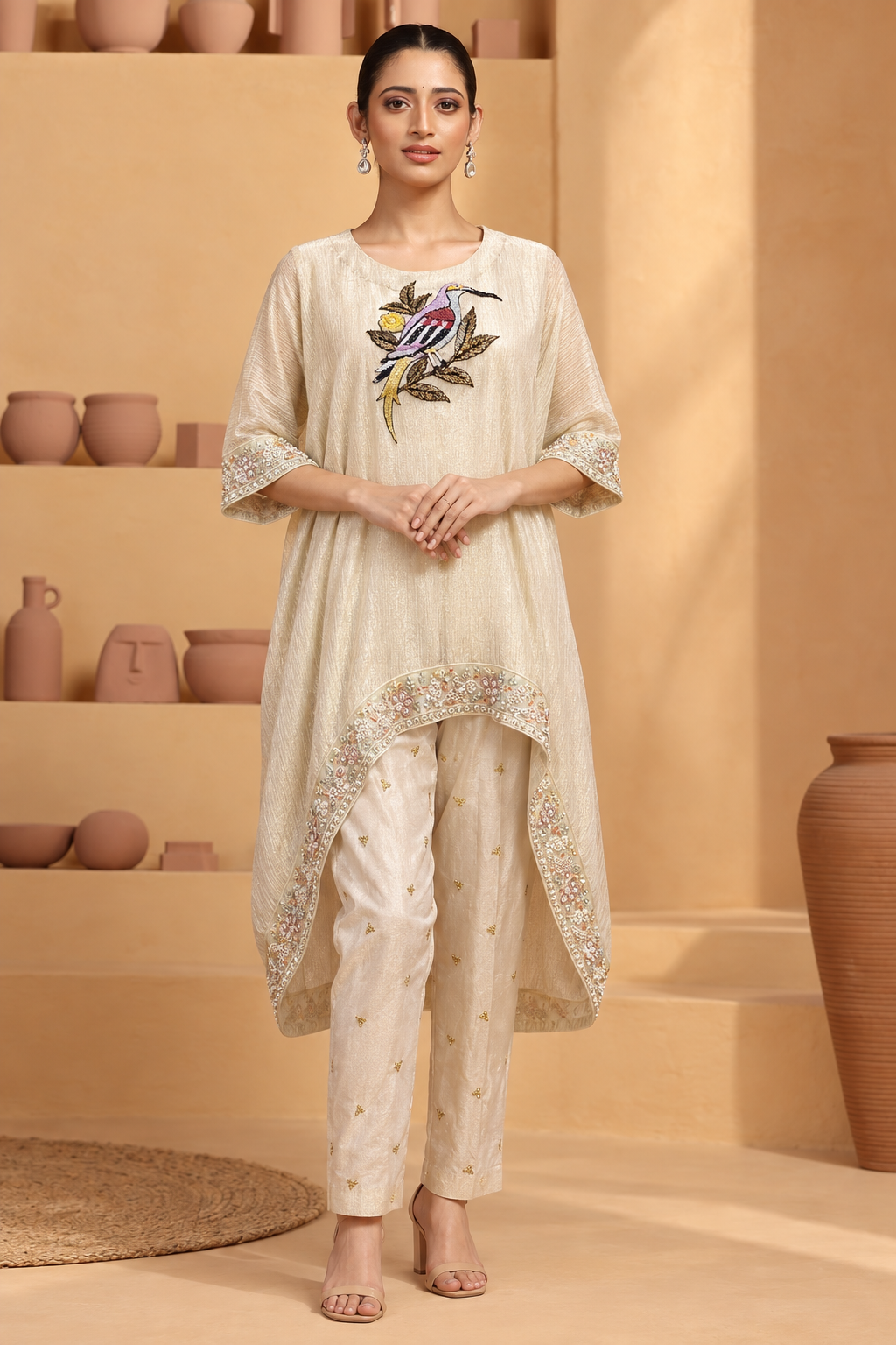 Parvaaz by House of Somarra — Full-length front view of the ivory kaftan kurta and printed trousers.