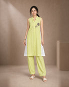 Iraaya: Neon Lime Antique Motif Khadi-Linen Co-ord Set – hero front