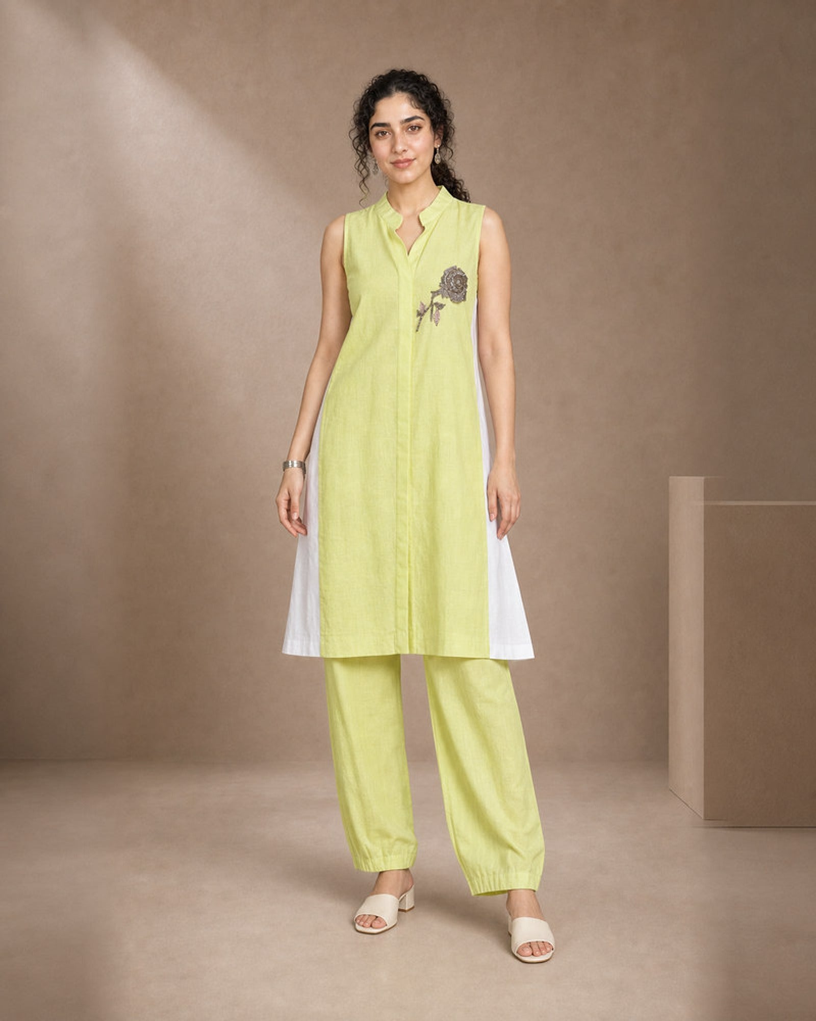 Iraaya: Neon Lime Antique Motif Khadi-Linen Co-ord Set – hero front