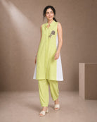 Iraaya neon lime antique-motif khadi-linen co-ord set – controlled front walking view