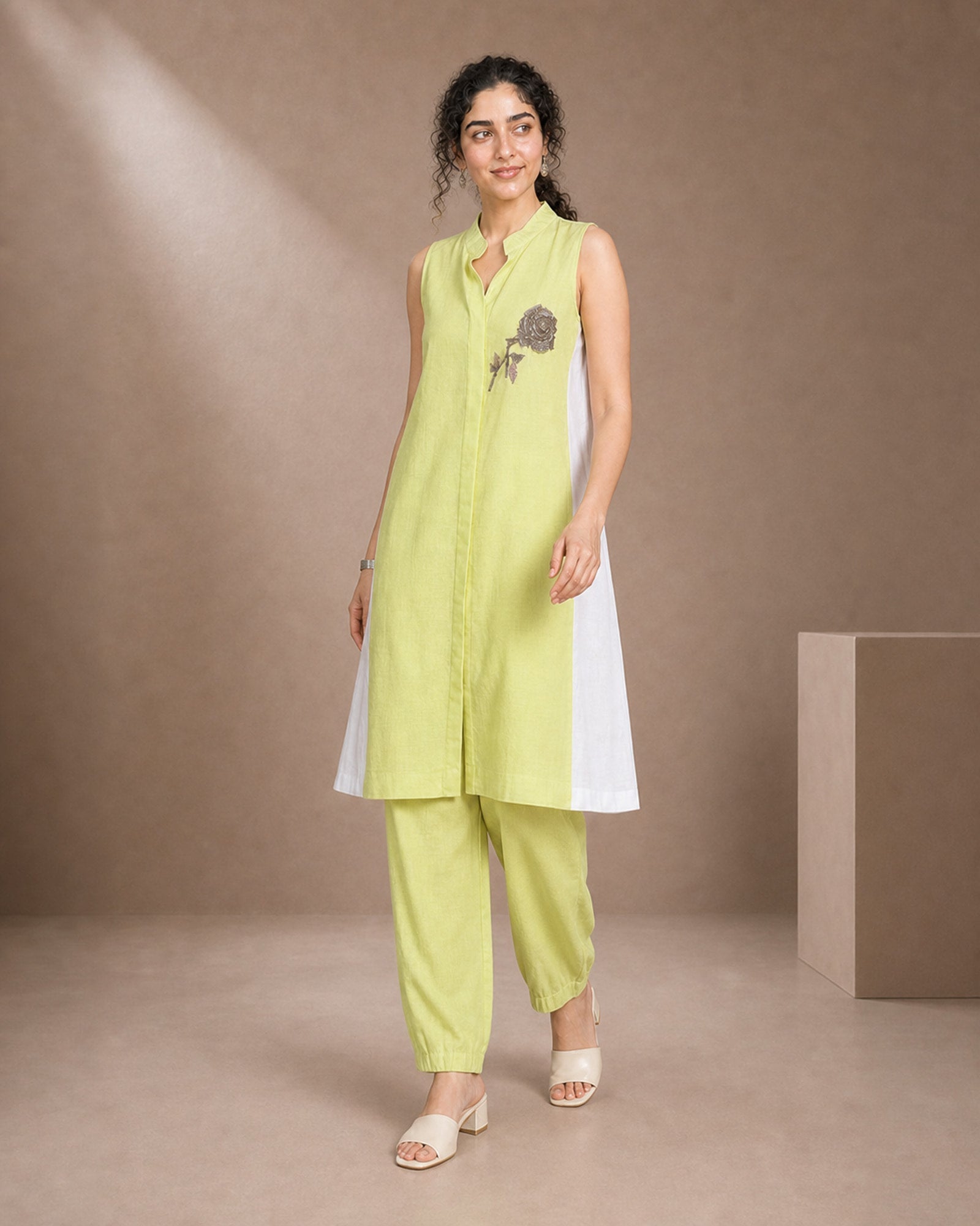 Iraaya neon lime antique-motif khadi-linen co-ord set – controlled front walking view