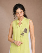 Iraaya: Neon Lime Antique Motif Khadi-Linen Co-ord Set – embellishment close-up