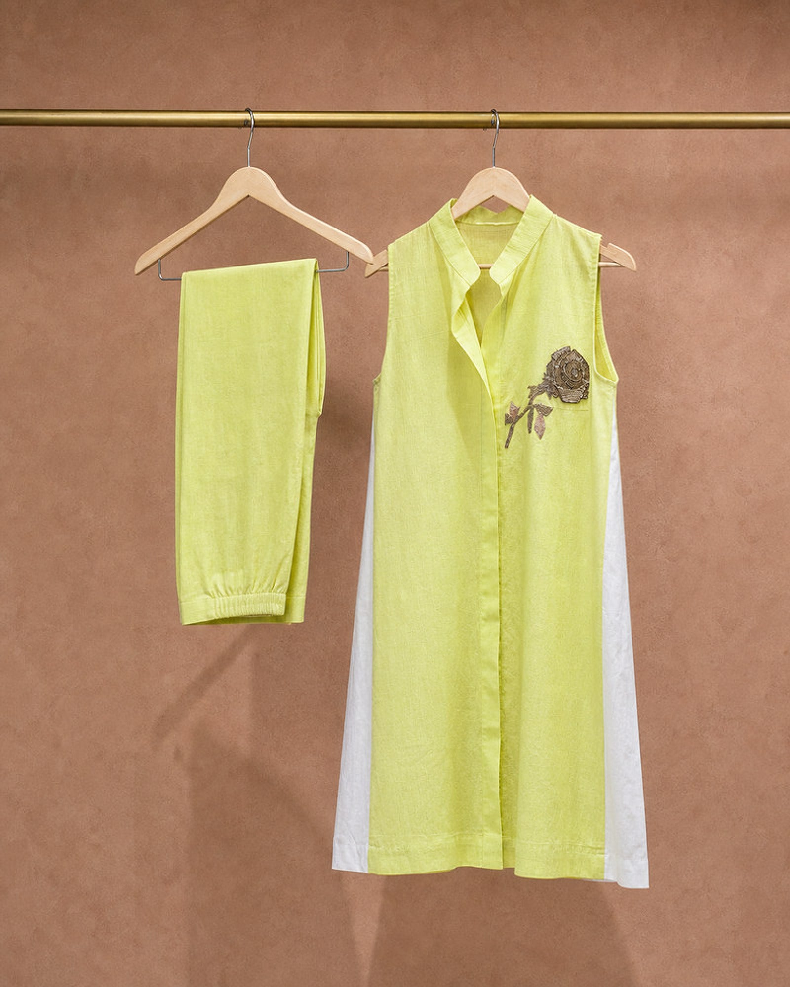 Iraaya: Neon Lime Antique Motif Khadi-Linen Co-ord Set – refined hanger packshot