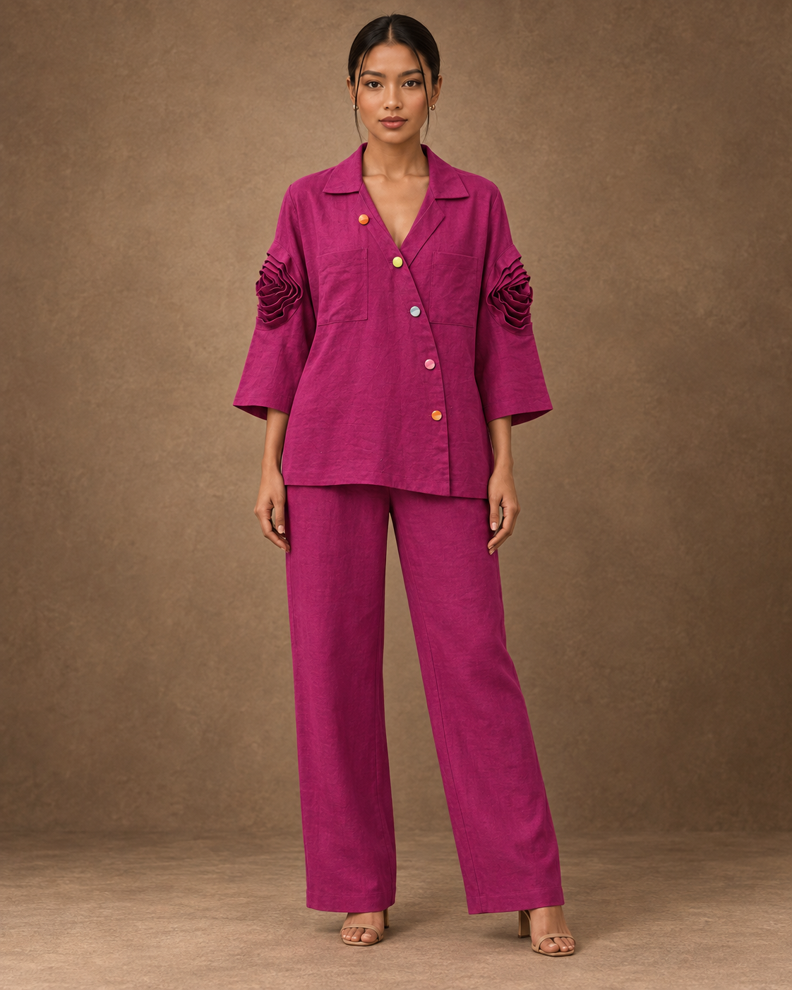Rangika by House of Somarra — Front view of the fuchsia shirt and matching trousers.