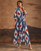 Raavika by House of Somarra — Full-length view of the geometric print and draped silhouette.
