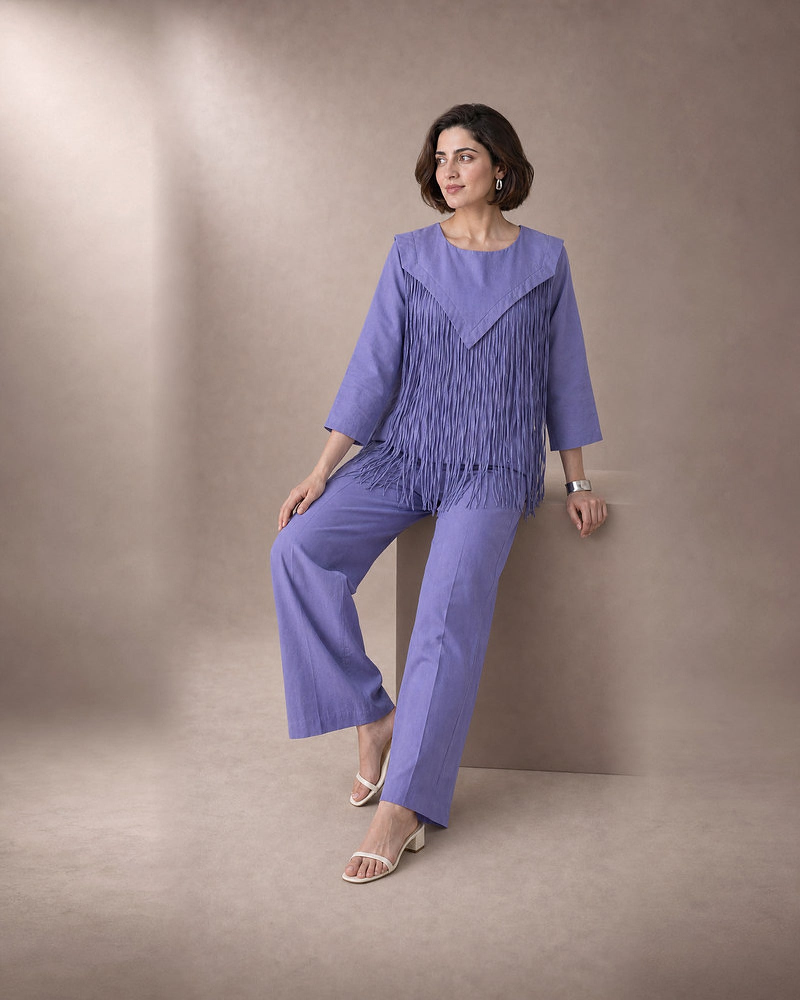 Lasya: Lilac Cascade Fringe Co-ord Set – seated three-quarter
