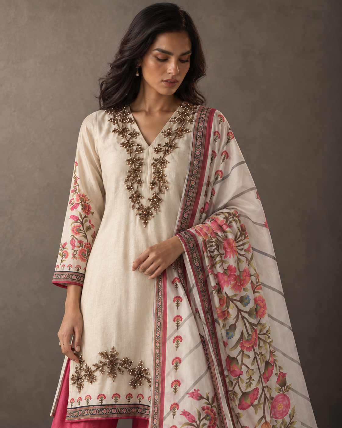 Mahrukh by House of Somarra — Portrait view of the embroidered neckline and cream-pink ensemble.