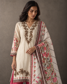 Mahrukh by House of Somarra — Portrait view of the embroidered neckline and cream-pink ensemble.