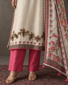 Mahrukh by House of Somarra — Close-up of the embroidered hem, pink trousers and dupatta border.