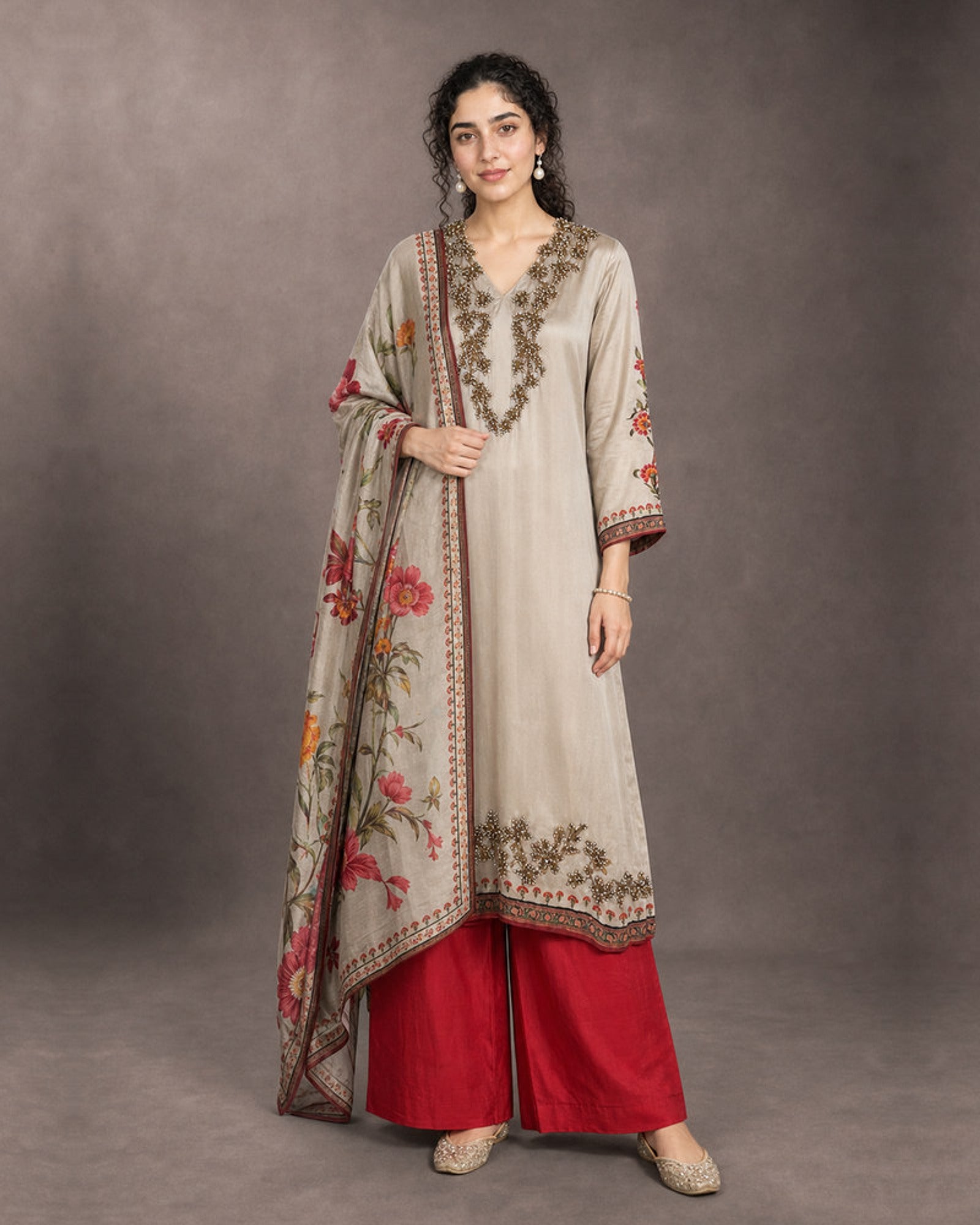 Mahrukh: Champagne Pearlwork Satin-Silk Palazzo Set – hero front