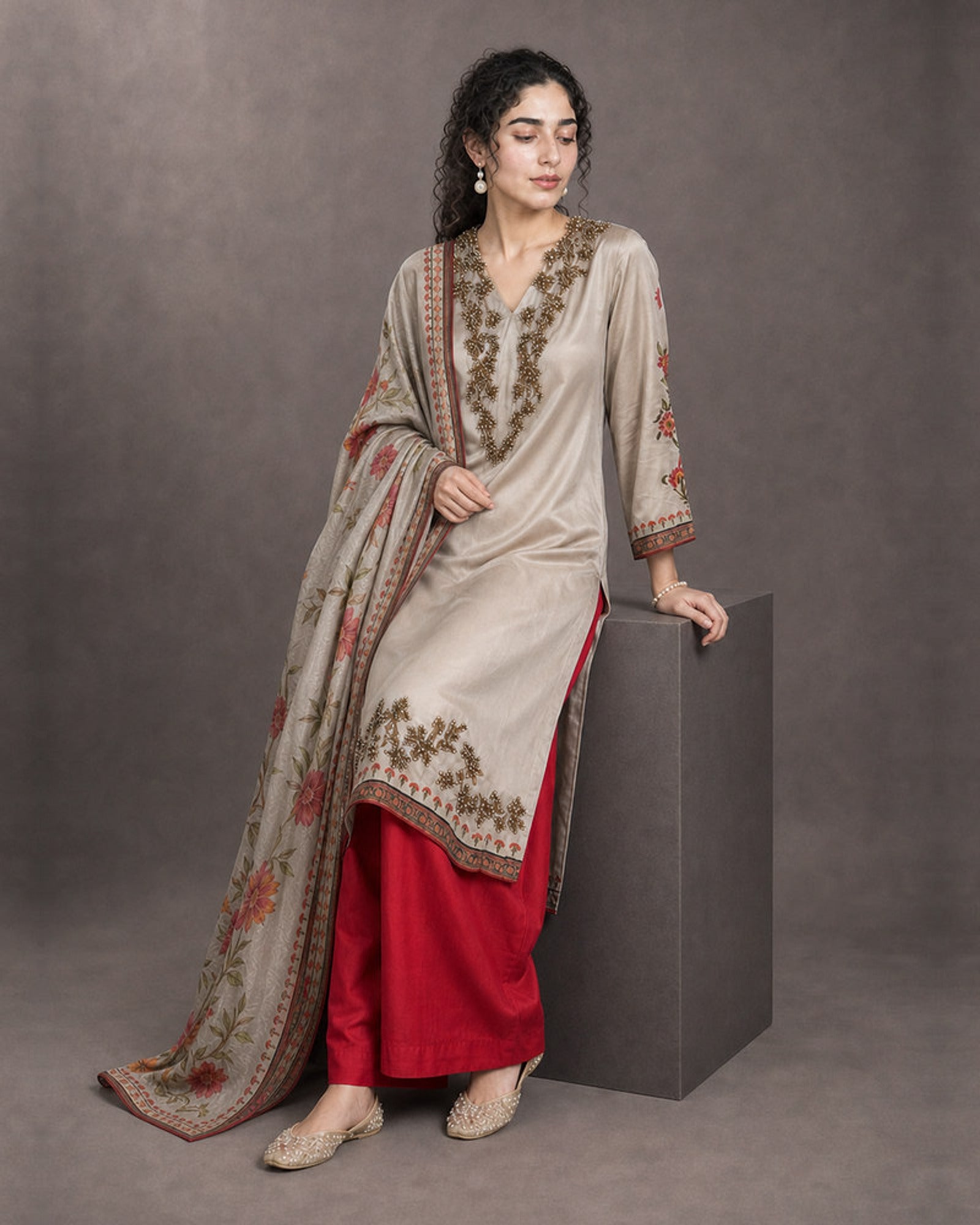 Mahrukh: Champagne Pearlwork Satin-Silk Palazzo Set – seated three-quarter