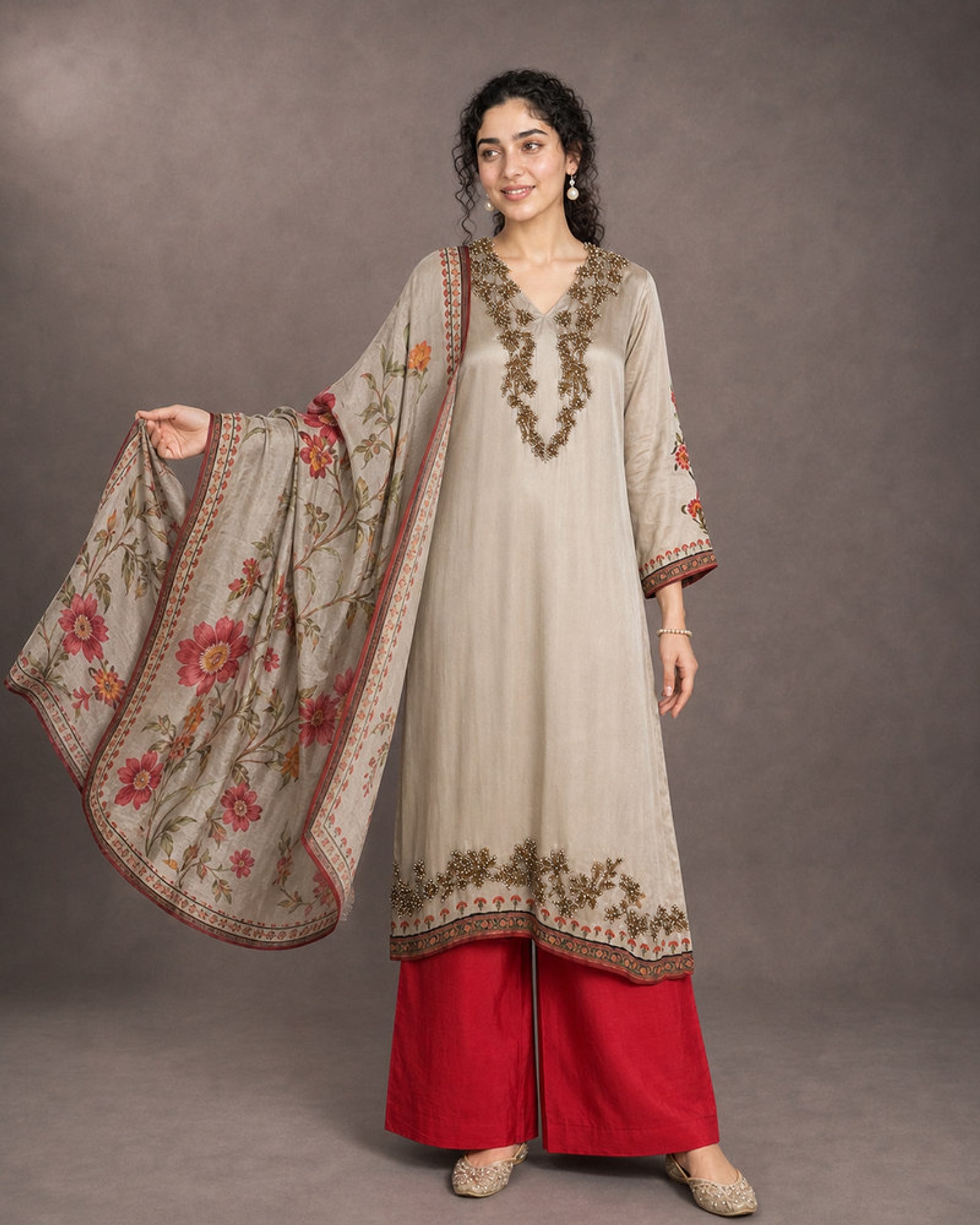 Mahrukh: Champagne Pearlwork Satin-Silk Palazzo Set – profile or documented back