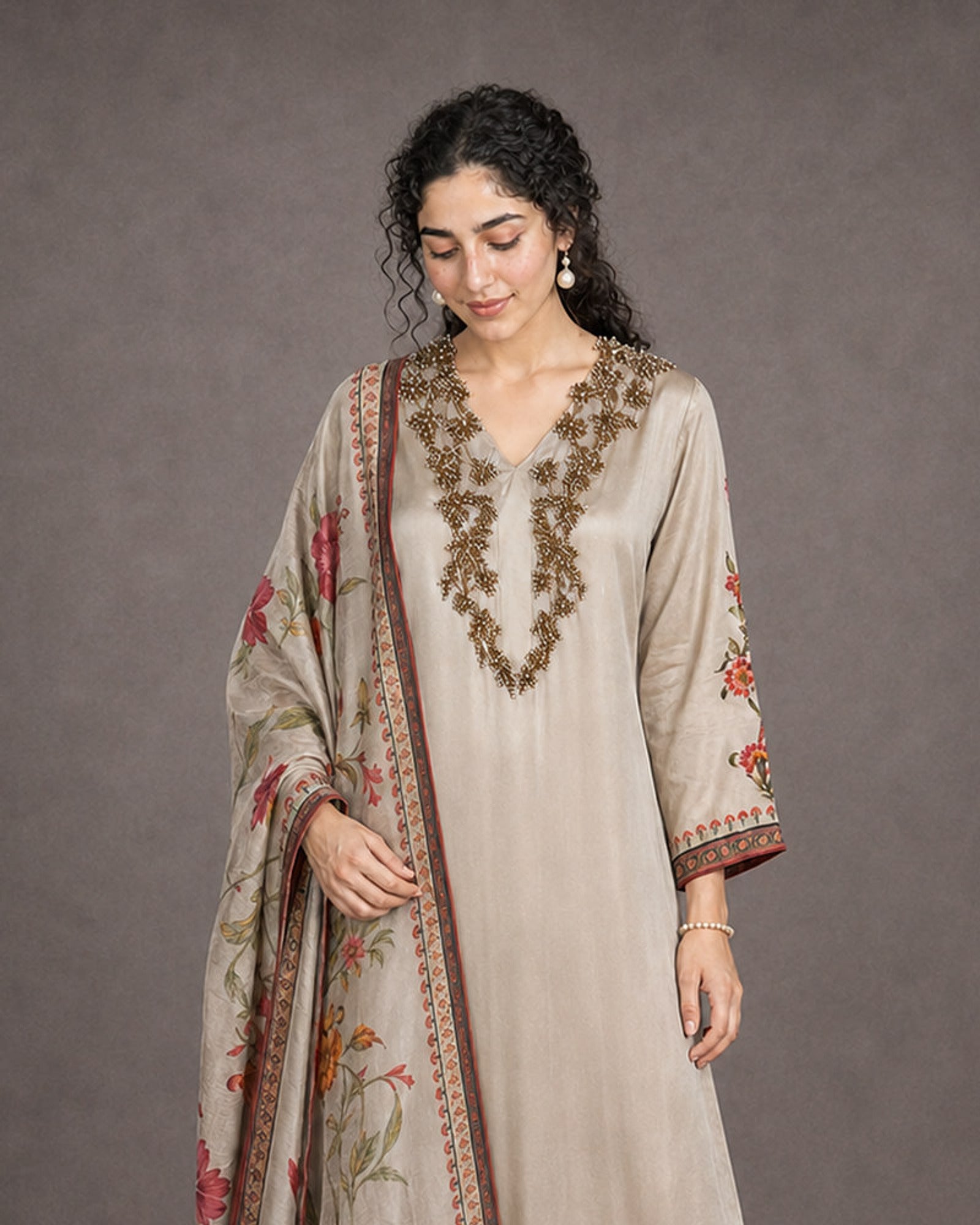 Mahrukh: Champagne Pearlwork Satin-Silk Palazzo Set – embellishment close-up