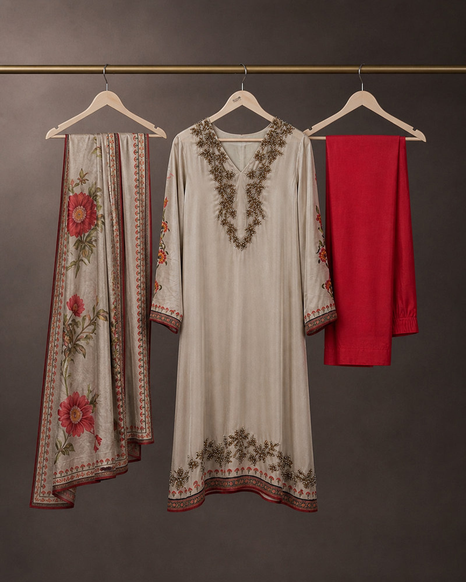 Mahrukh: Champagne Pearlwork Satin-Silk Palazzo Set – refined hanger packshot