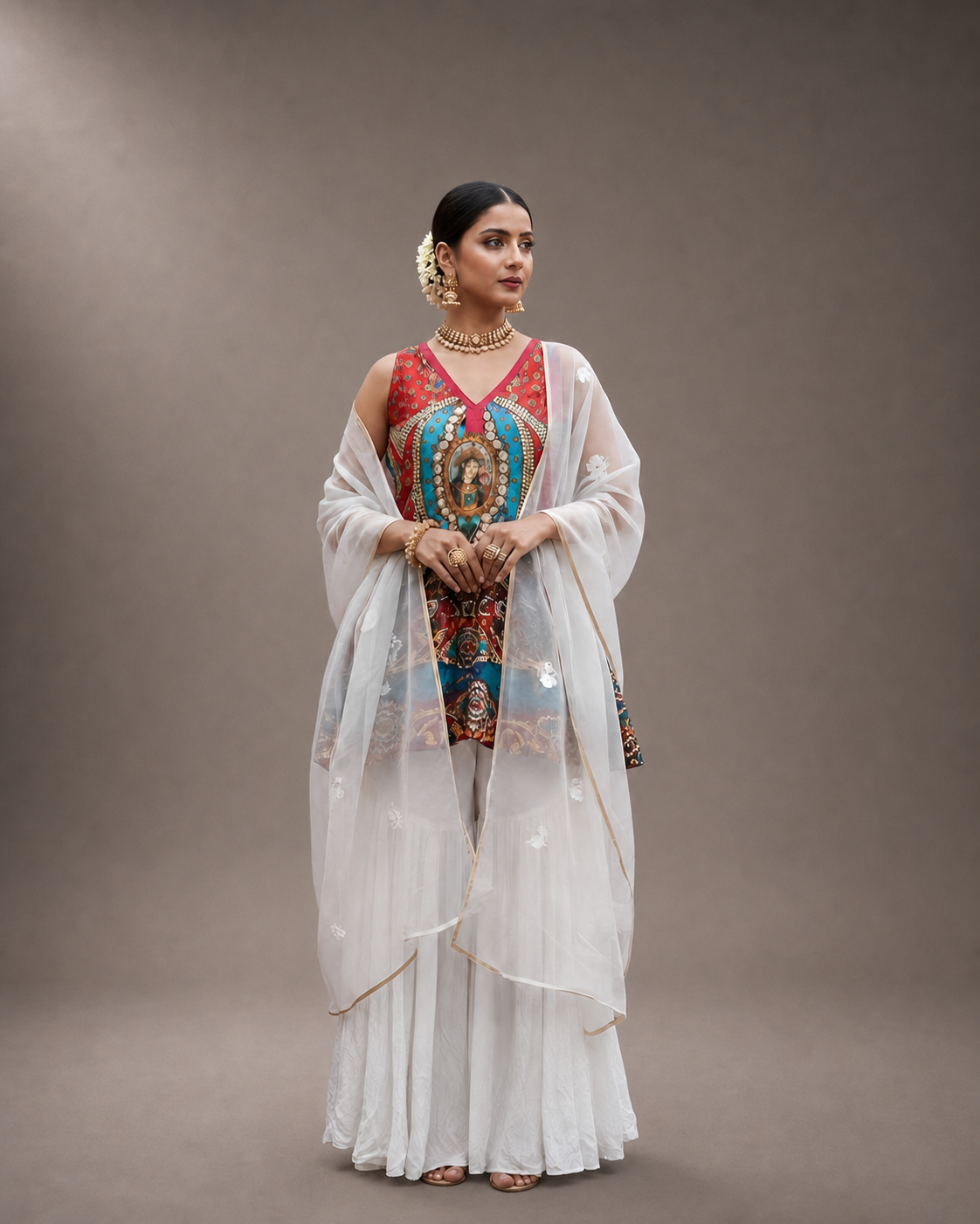 Meenal peacock motif ensemble front view