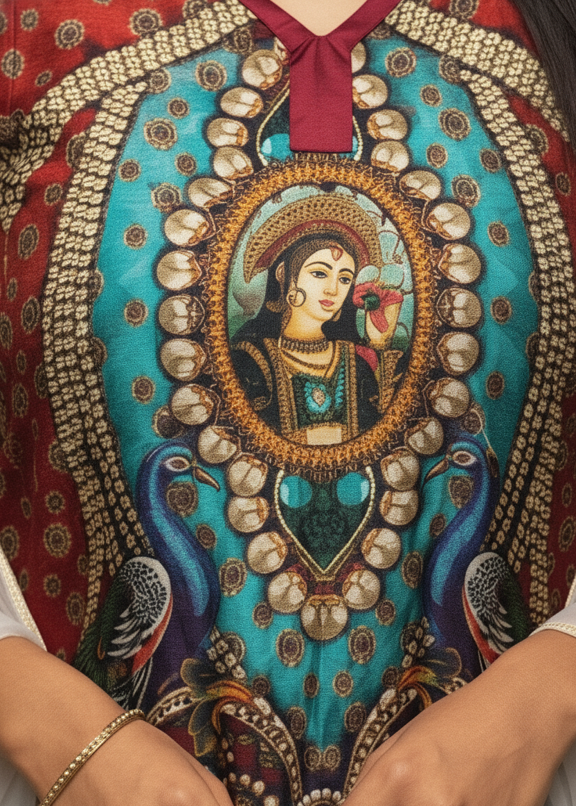 Meenal peacock and goddess motif close-up