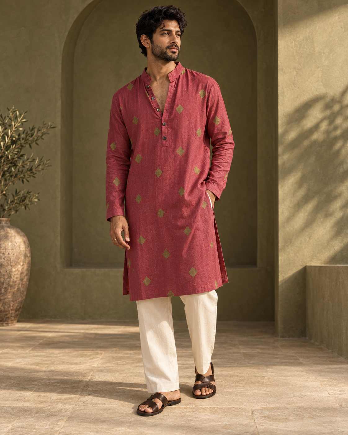 Mehrang: Dusty Rose Gold-Motif Men's Kurta Set — full-length view of the set.
