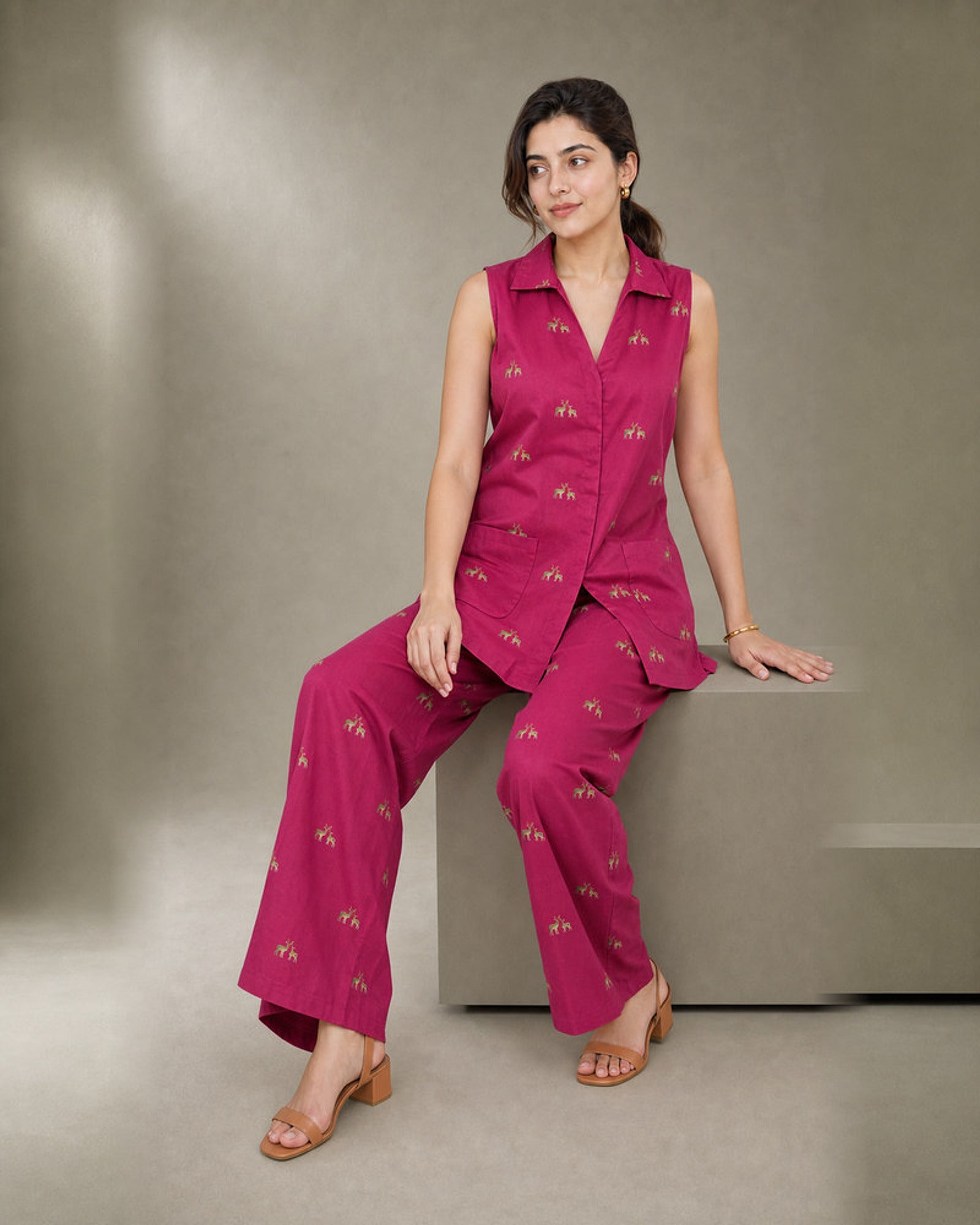 Mrigakshi: Deep Pink Antelope Co-ord Set – seated three-quarter