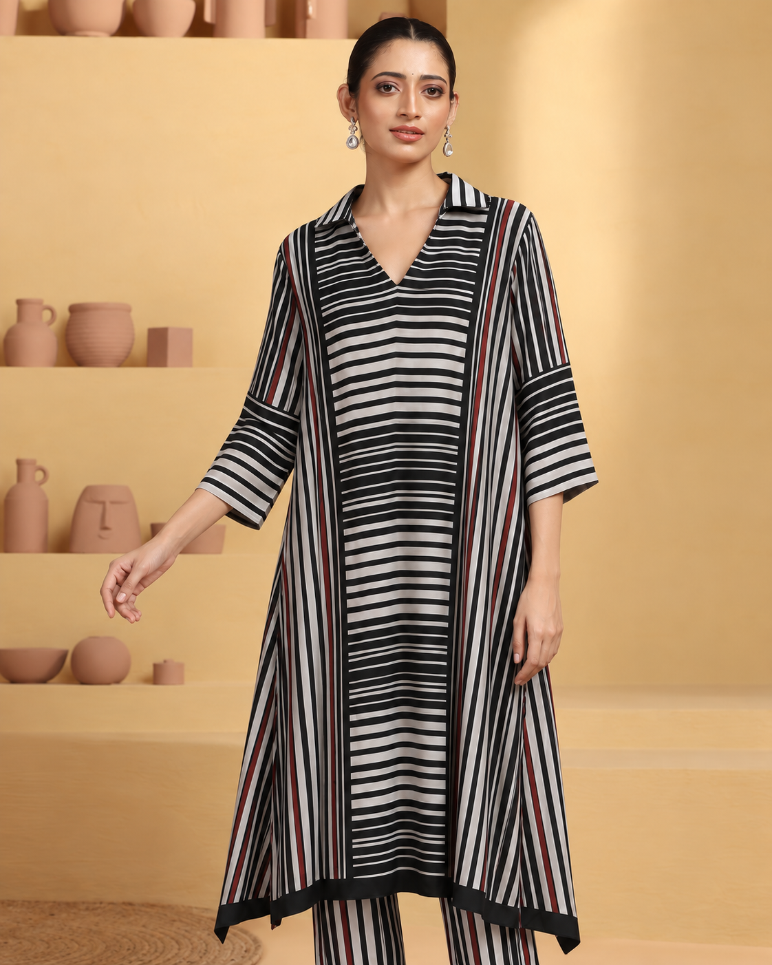 Tirya by House of Somarra — View showing the striped sleeves and draped kurta sides.