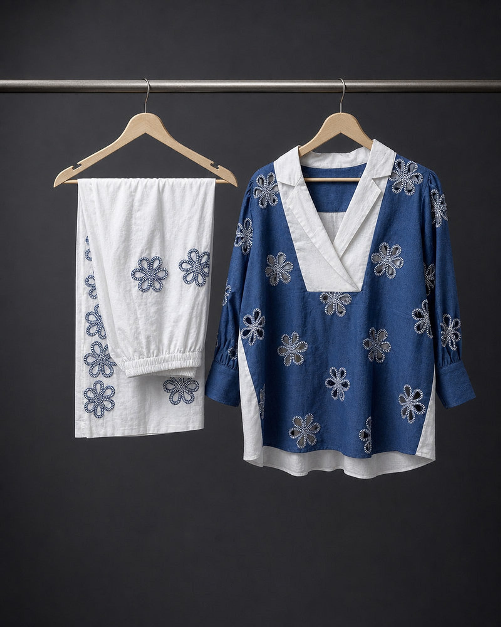 Neelakshi: Blue-and-White Floral Cutwork Co-ord Set – refined hanger packshot