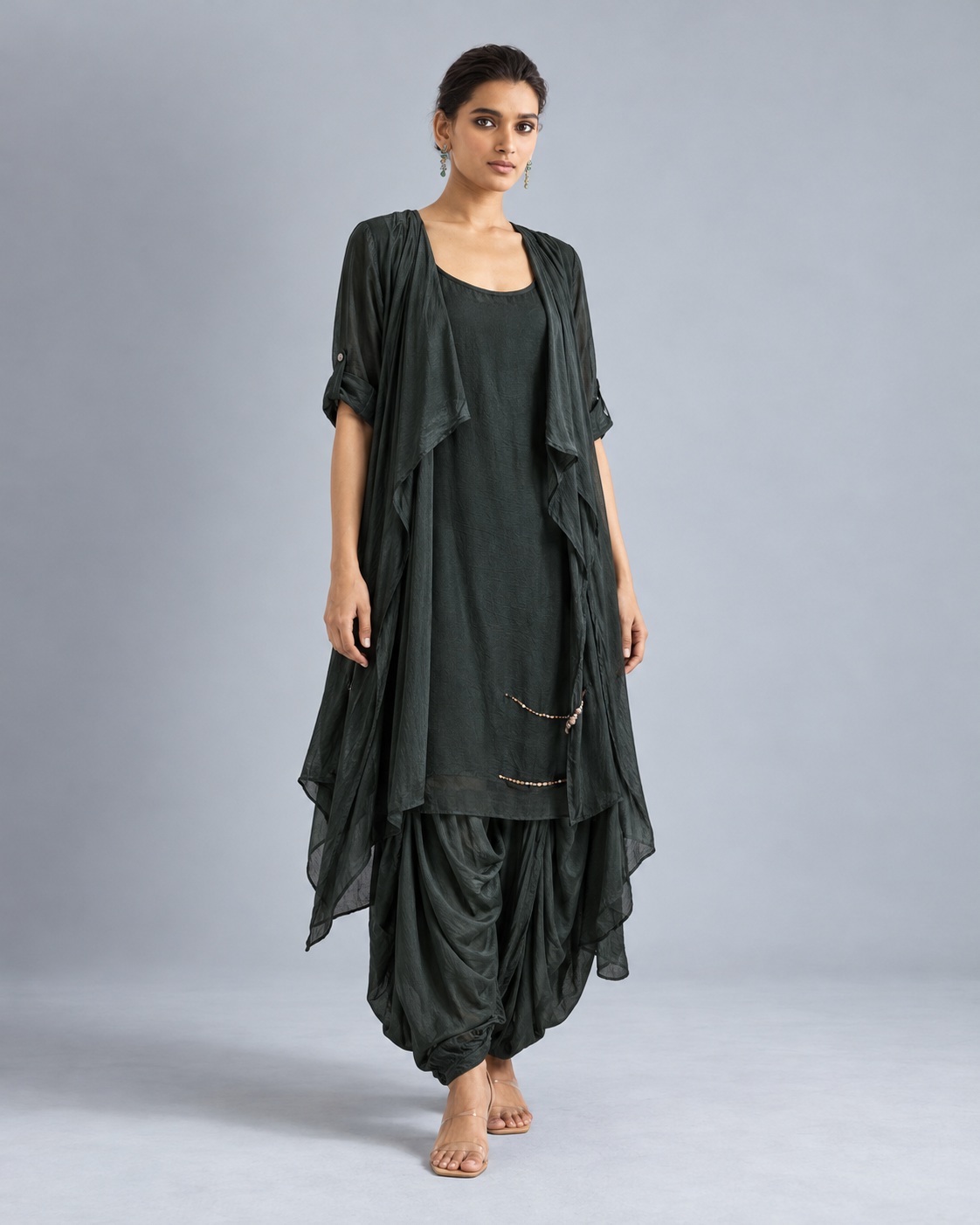 Shyama dark green draped top and gathered dhoti-style bottoms, full outfit