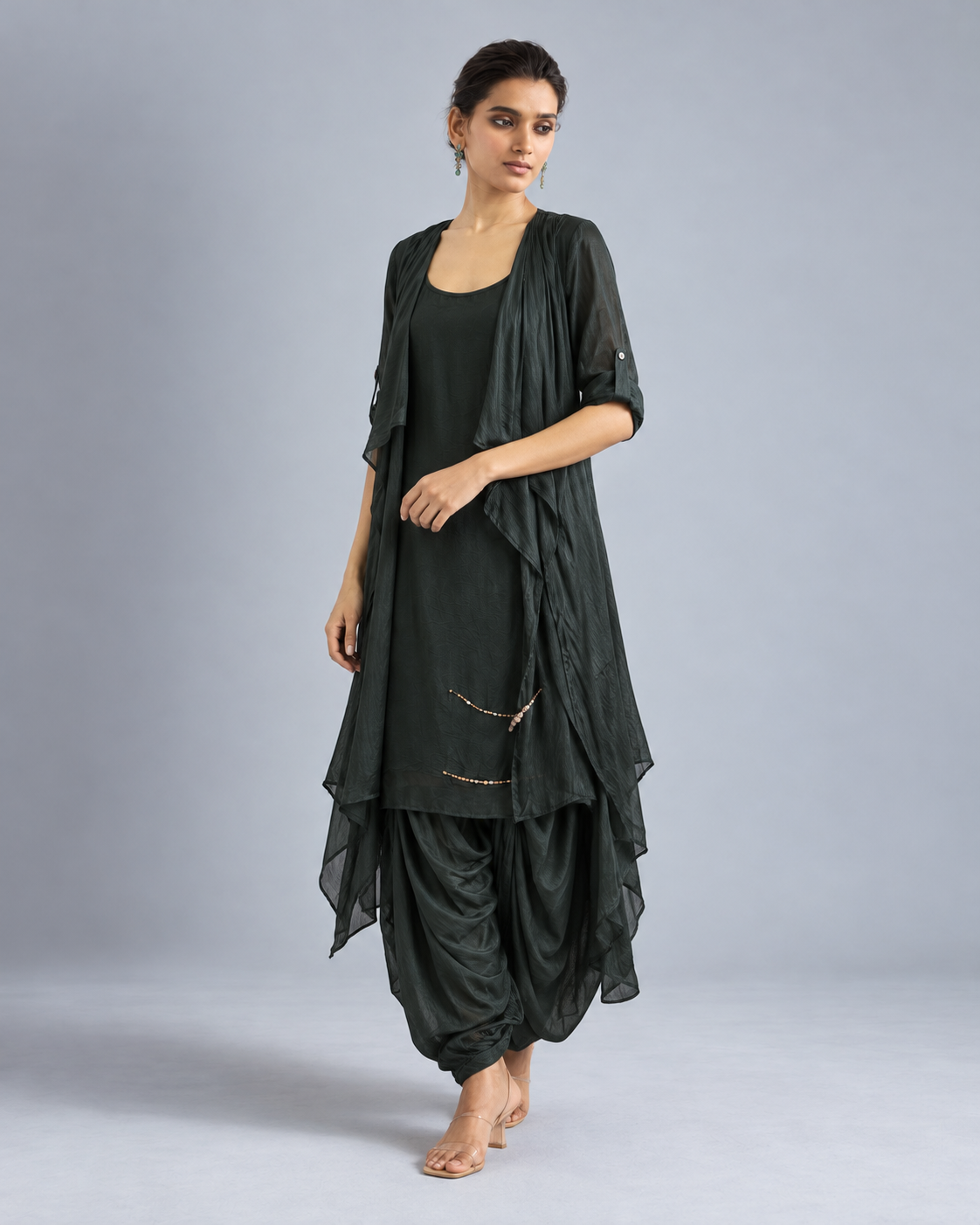 Shyama dark green pearl-detail draped set, side view