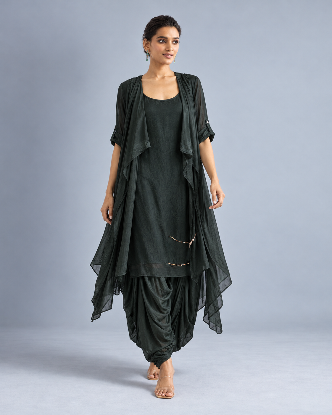 Shyama dark green pearl-detail draped top and dhoti-style bottoms, front view