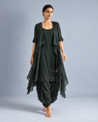 Shyama dark green pearl-detail draped top and dhoti-style bottoms, front view