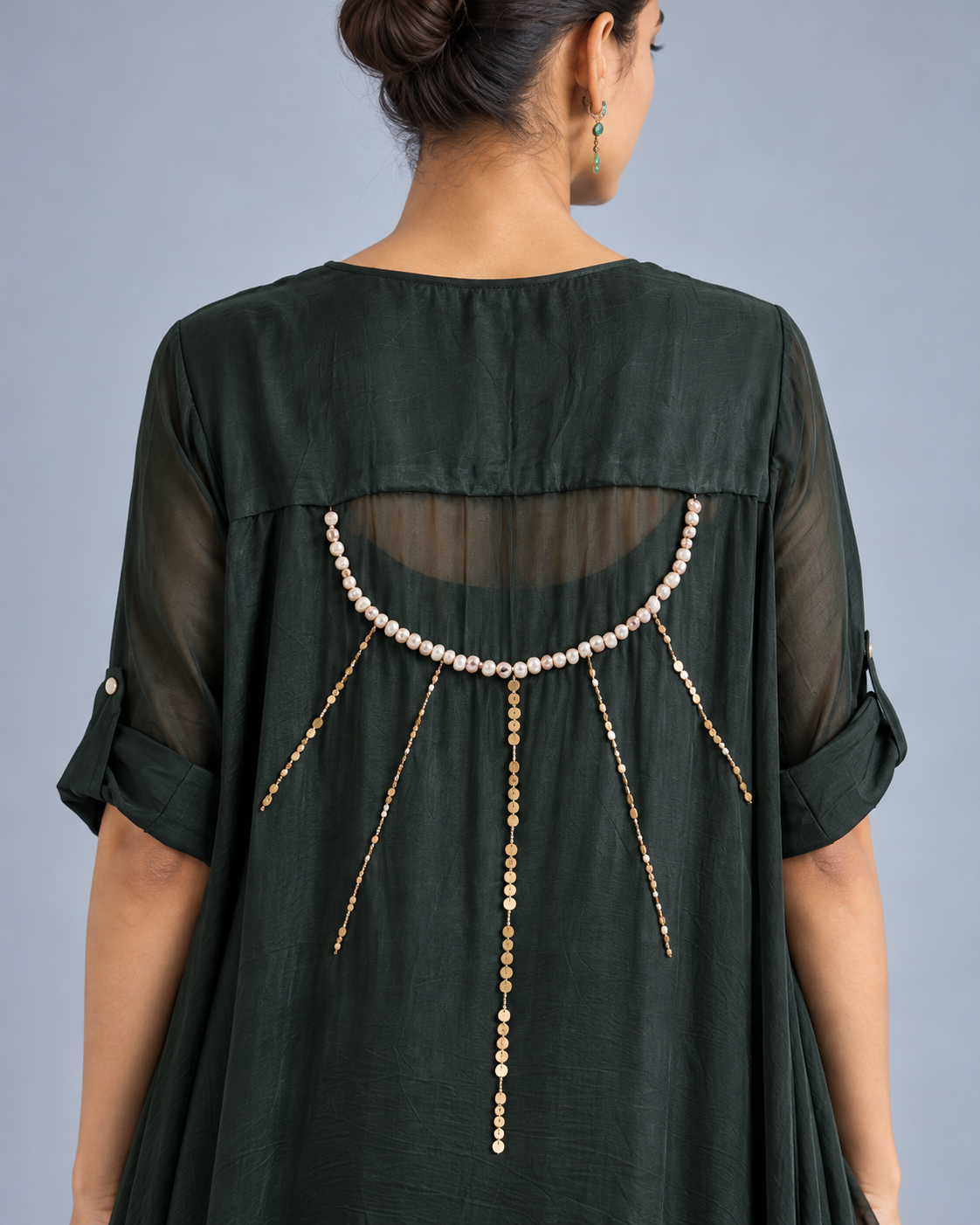 Pearl detailing on the Shyama dark green draped top, close-up