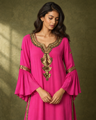 Amoli by House of Somarra — Portrait view of the neckline and flared fuchsia sleeves.