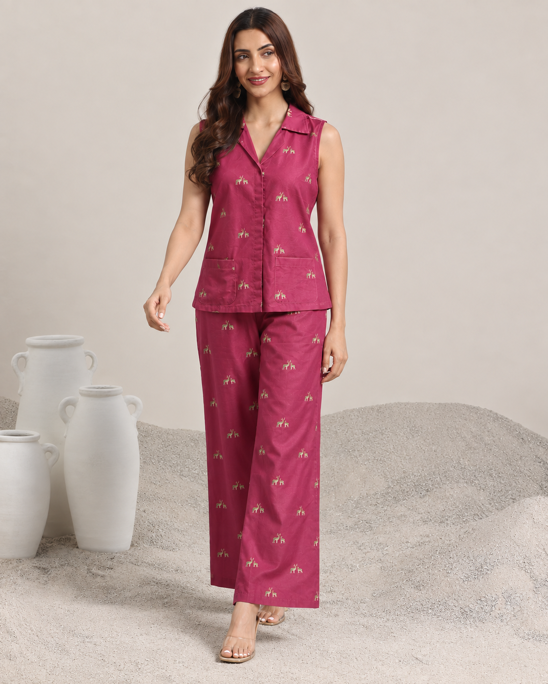 Mrigakshi by House of Somarra — Walking view of the sleeveless pink shirt and matching trousers.