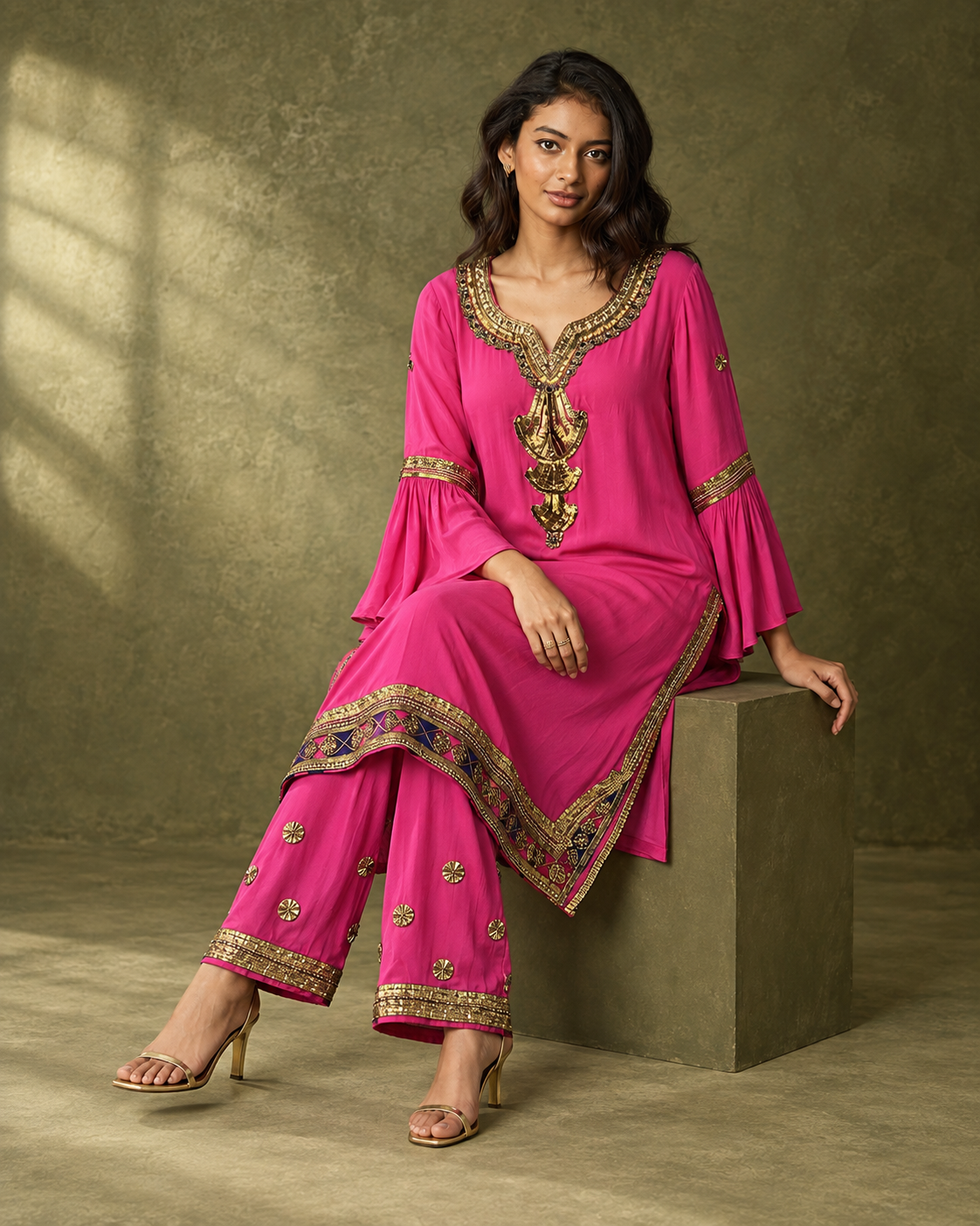 Amoli by House of Somarra — Seated view showing the matching trousers and embellished kurta border.
