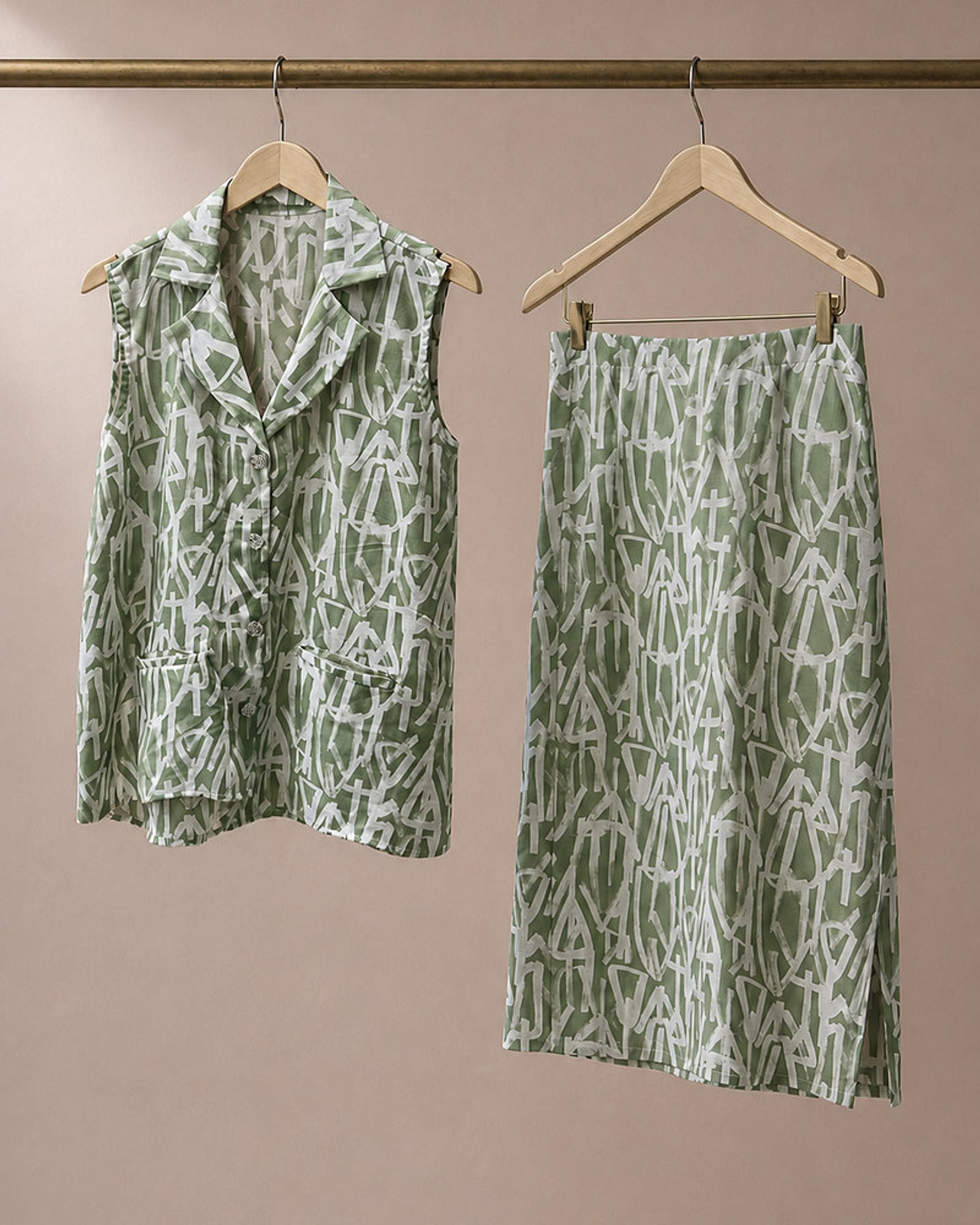 Olivara: Olive Abstract Cotton-Georgette Top & Skirt Set – refined hanger packshot