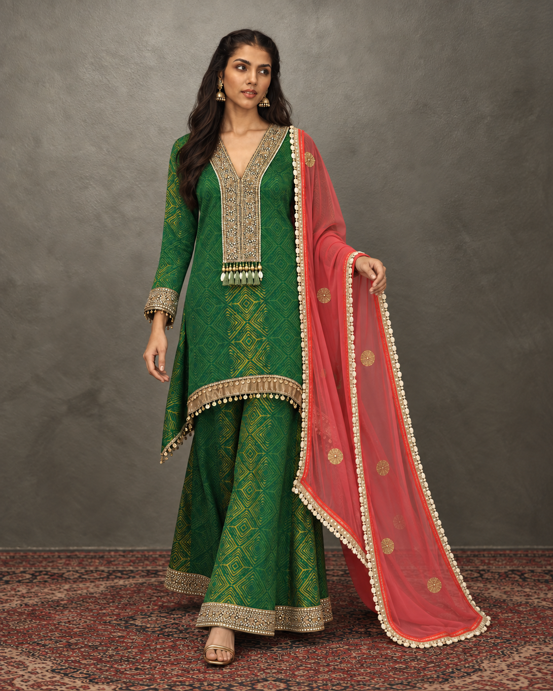 Aarshiya by House of Somarra — Walking view showing the wide green sharara and coral dupatta.