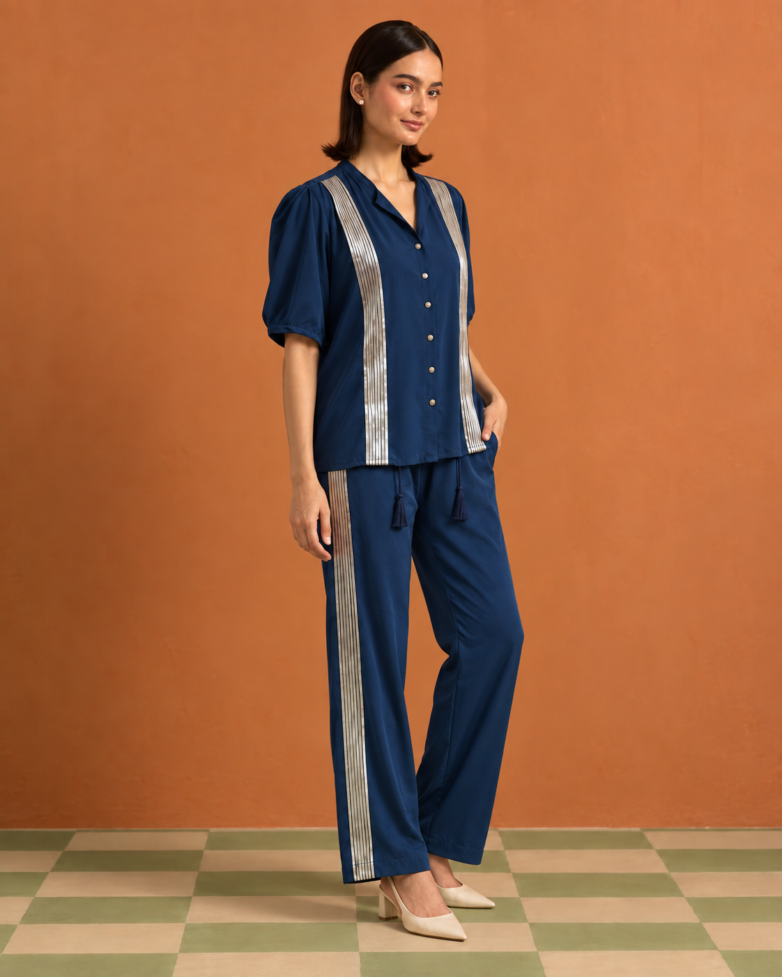 Tarini by House of Somarra — Full-length view of the blue co-ord ensemble.