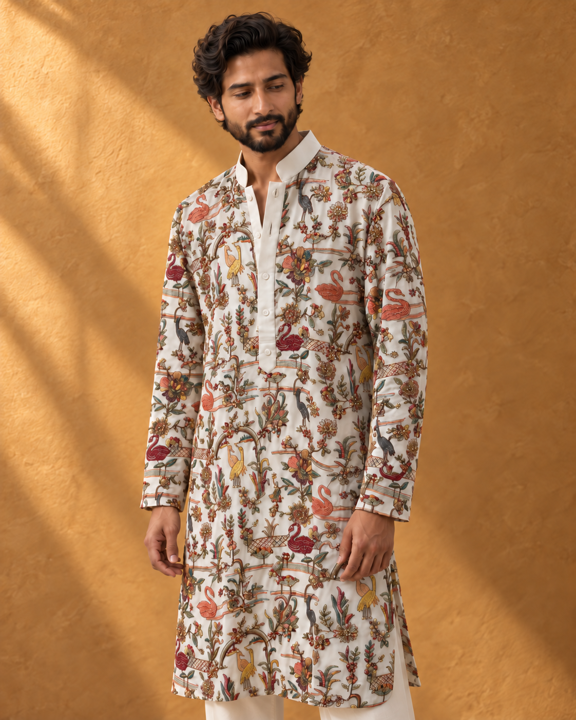 Parinda: Ivory Bird & Floral Embellished Men's Kurta Set — portrait view of the kurta set.