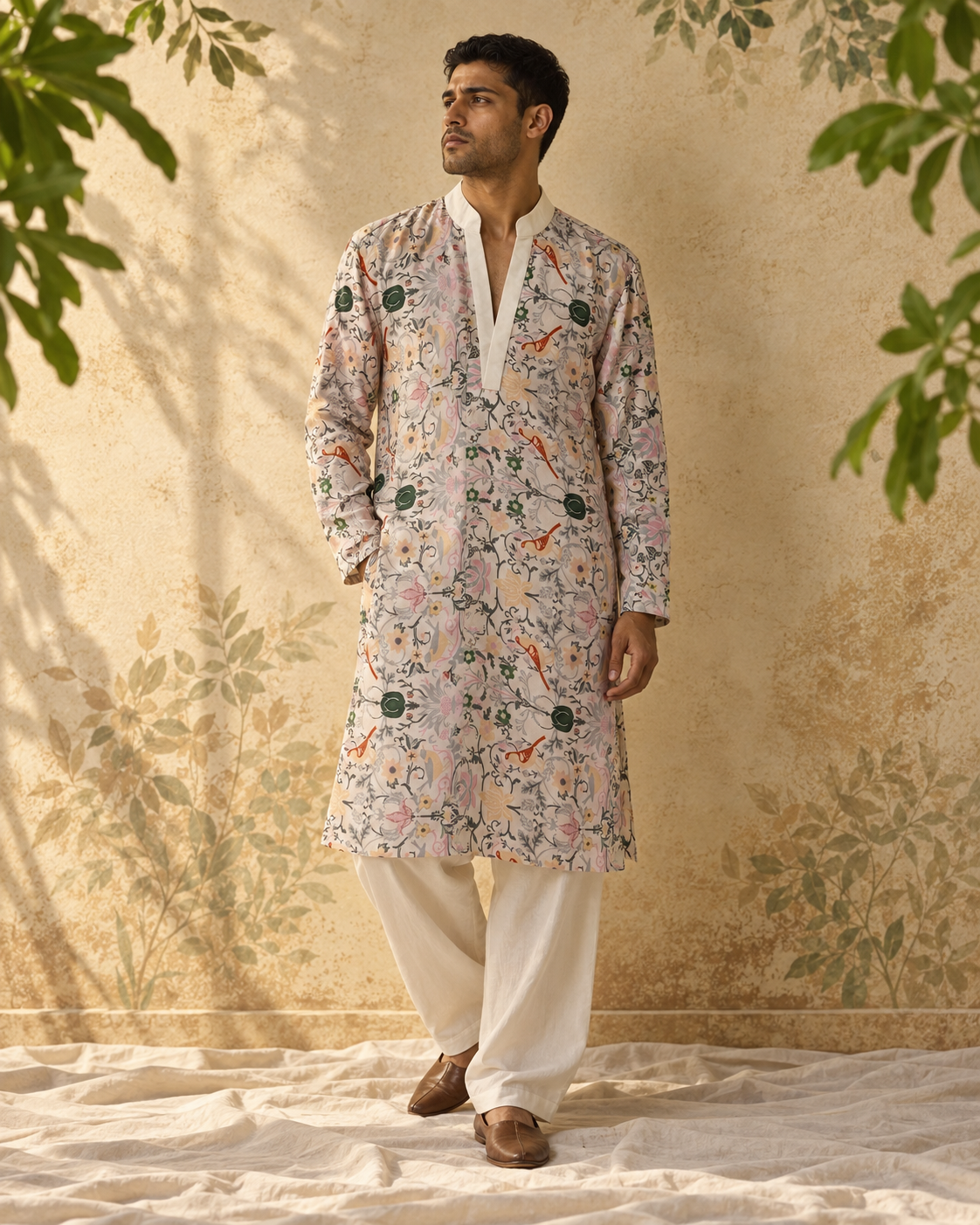 Parvaaz: Ivory Bird & Botanical Print Men's Kurta Set — full-length view of the set.