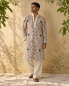 Parvaaz: Ivory Bird & Botanical Print Men's Kurta Set — full-length view of the set.