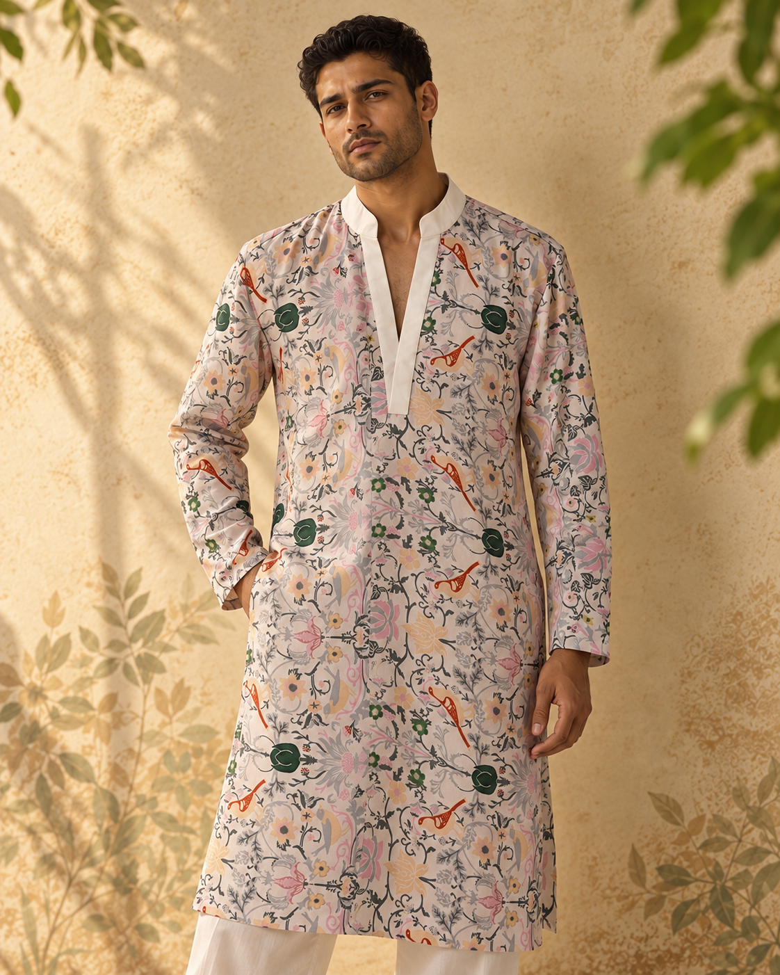 Parvaaz: Ivory Bird & Botanical Print Men's Kurta Set — portrait view of the kurta set.
