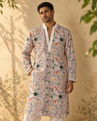 Parvaaz: Ivory Bird & Botanical Print Men's Kurta Set — portrait view of the kurta set.