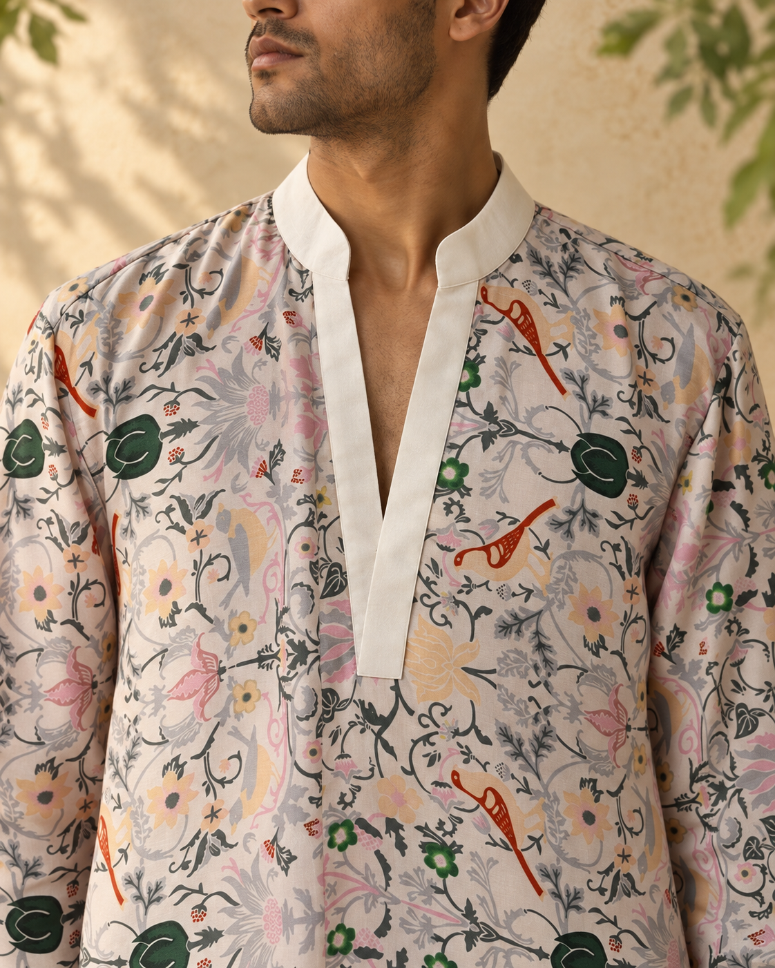 Parvaaz: Ivory Bird & Botanical Print Men's Kurta Set — close-up of the garment details.