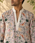 Parvaaz: Ivory Bird & Botanical Print Men's Kurta Set — close-up of the garment details.