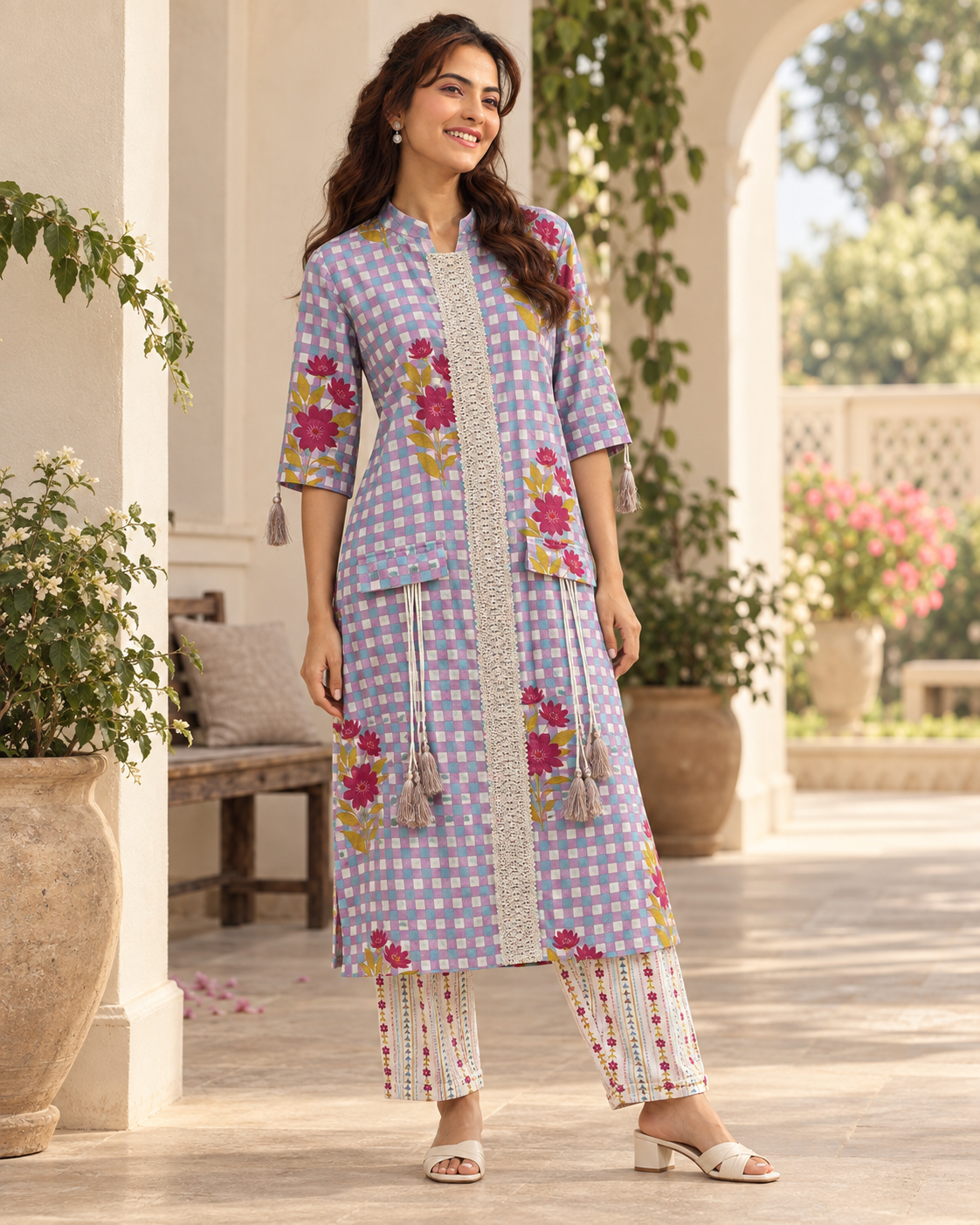 Eshani by House of Somarra — Front view of the lilac checked floral kurta and printed trousers.