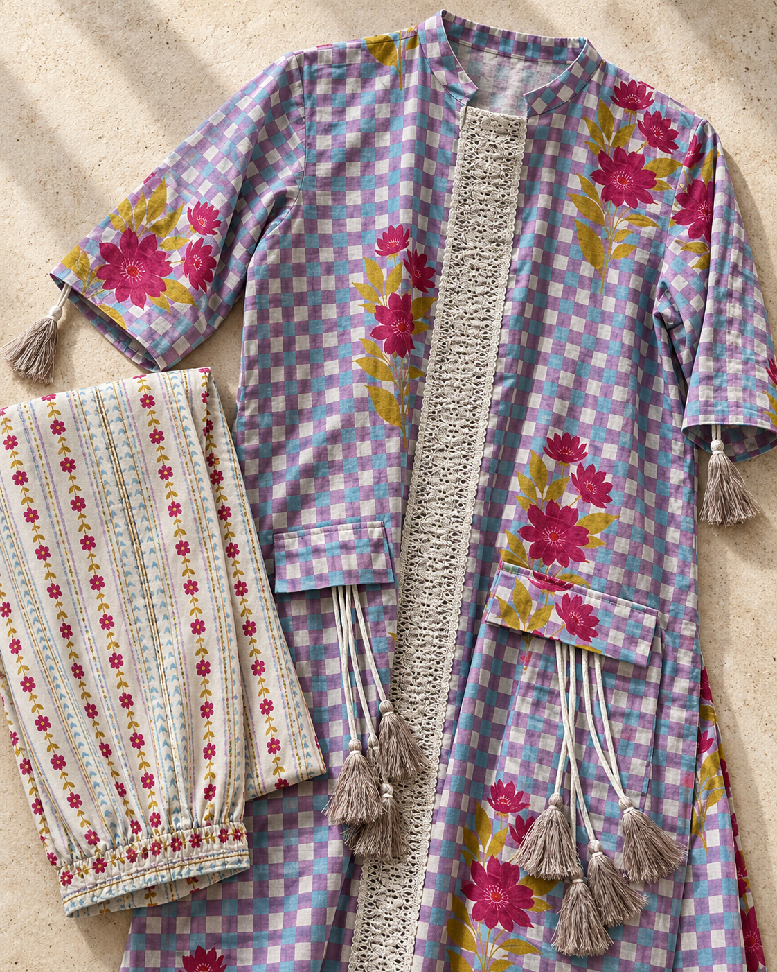 Eshani by House of Somarra — Flat-lay detail of the checked kurta, decorative trim and trouser print.