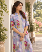 Eshani by House of Somarra — Portrait view of the checked kurta's decorative front panel.