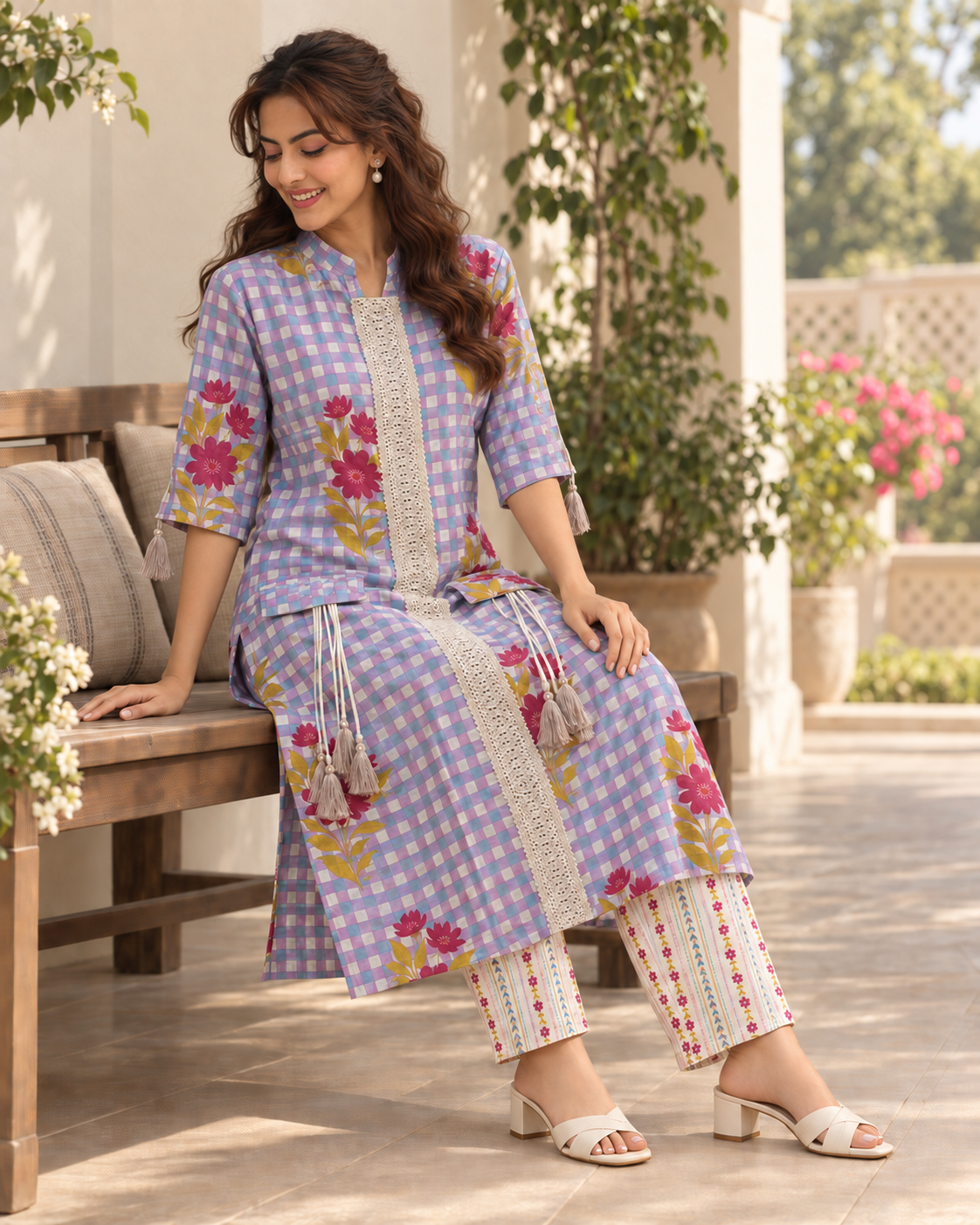 Eshani by House of Somarra — Seated view showing the floral motifs and printed trousers.
