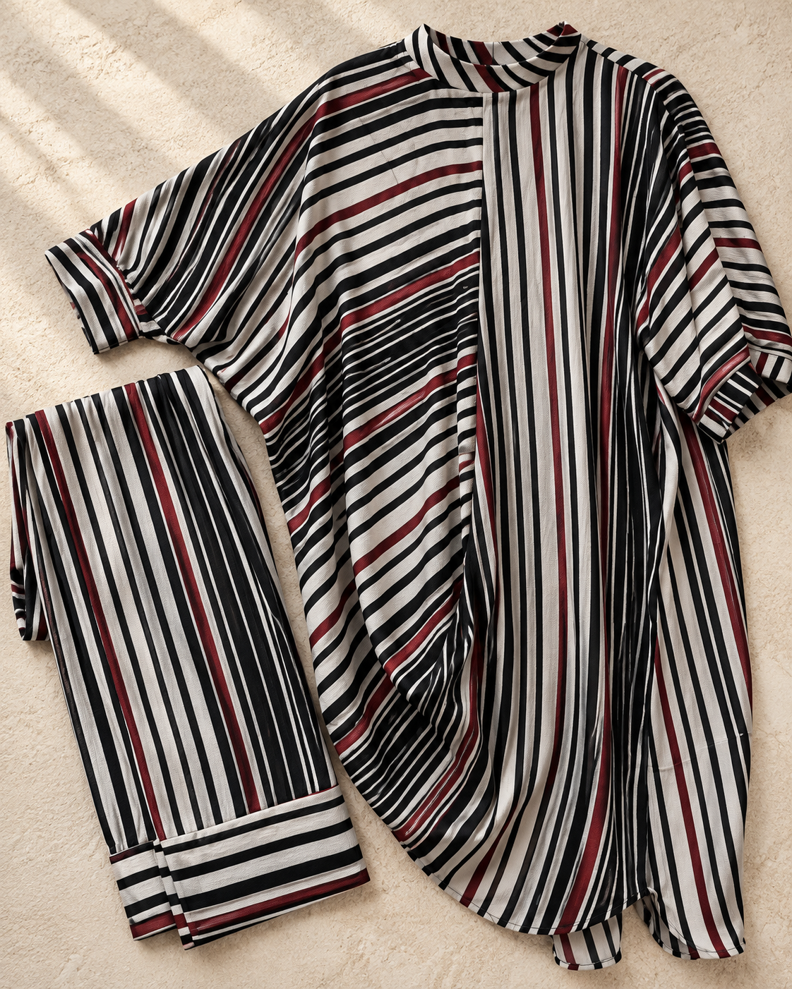 Vayra by House of Somarra — Flat-lay view of the striped tunic and matching trousers.