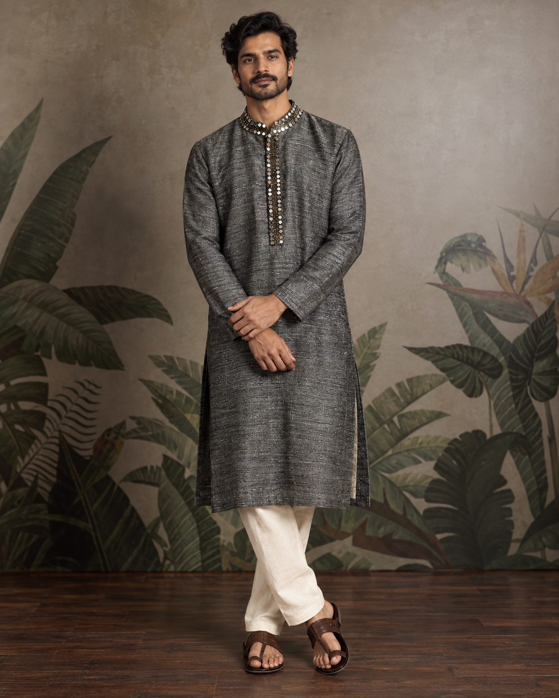Raakh: Charcoal Mirror-Trim Men's Kurta Set — full-length view of the set.