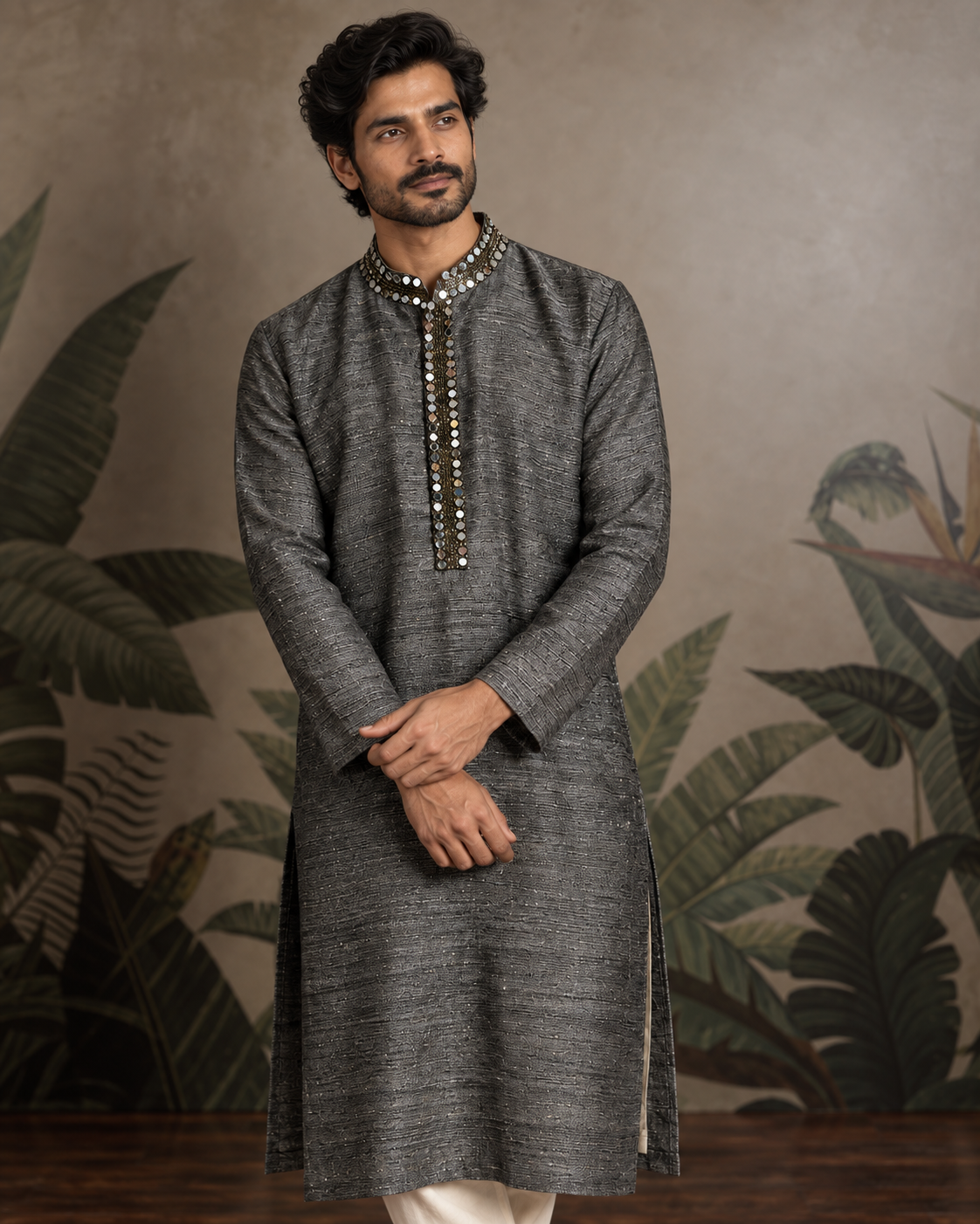 Raakh: Charcoal Mirror-Trim Men's Kurta Set — portrait view of the kurta set.